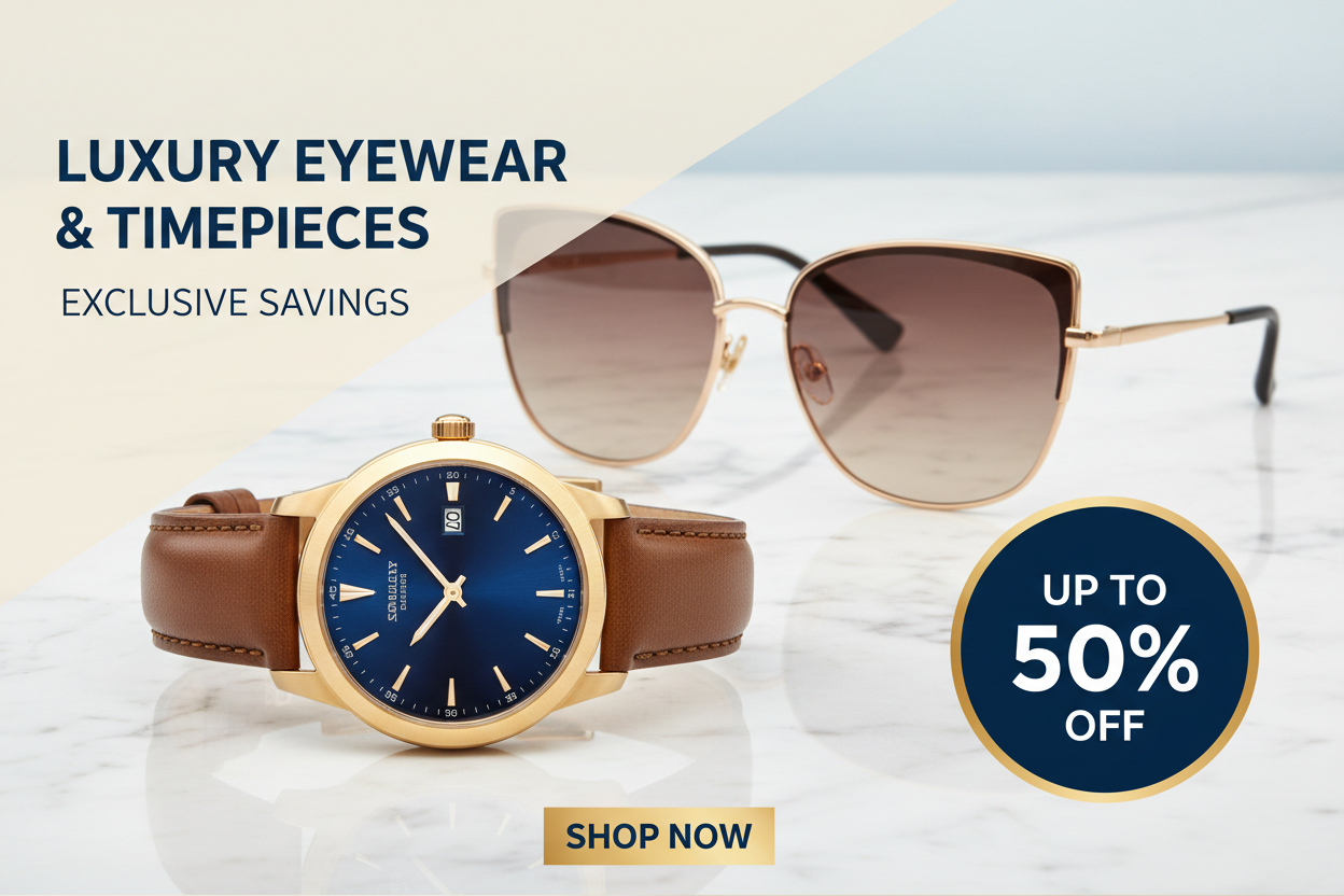 generate  discount banner with watch and sunglass image 